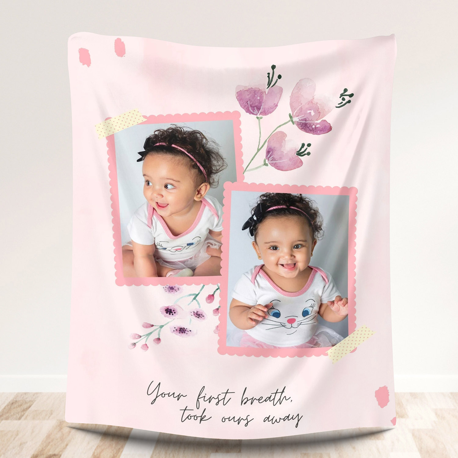 Custom 2 Photos Floral Fleece Blanket for Baby Kids