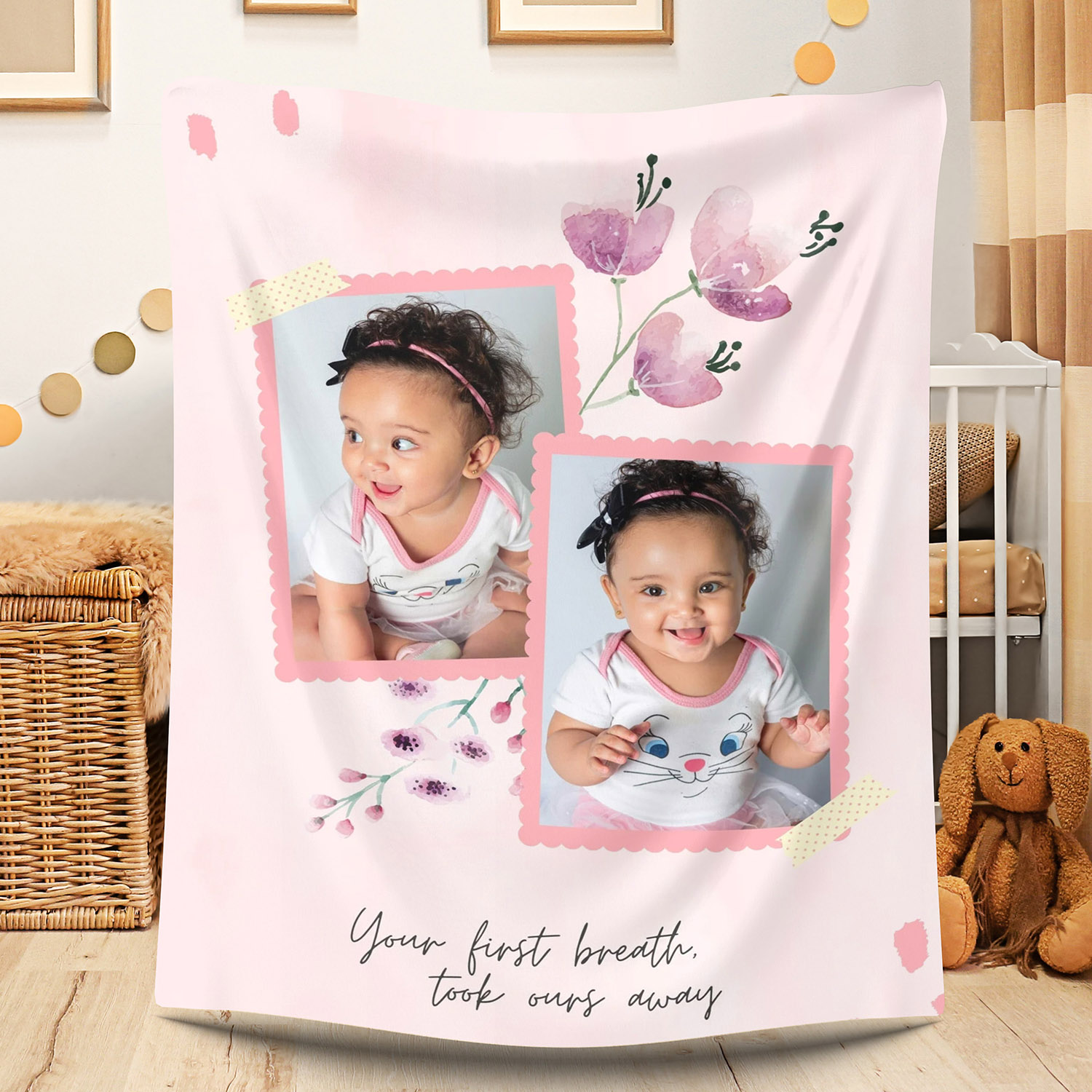 Custom 2 Photos Floral Fleece Blanket for Baby Kids