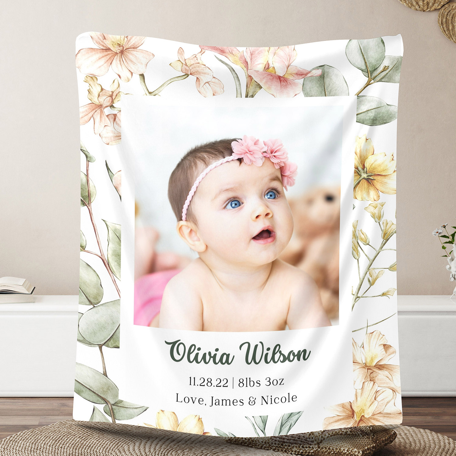Custom Photos Floral Fleece Blanket for Baby