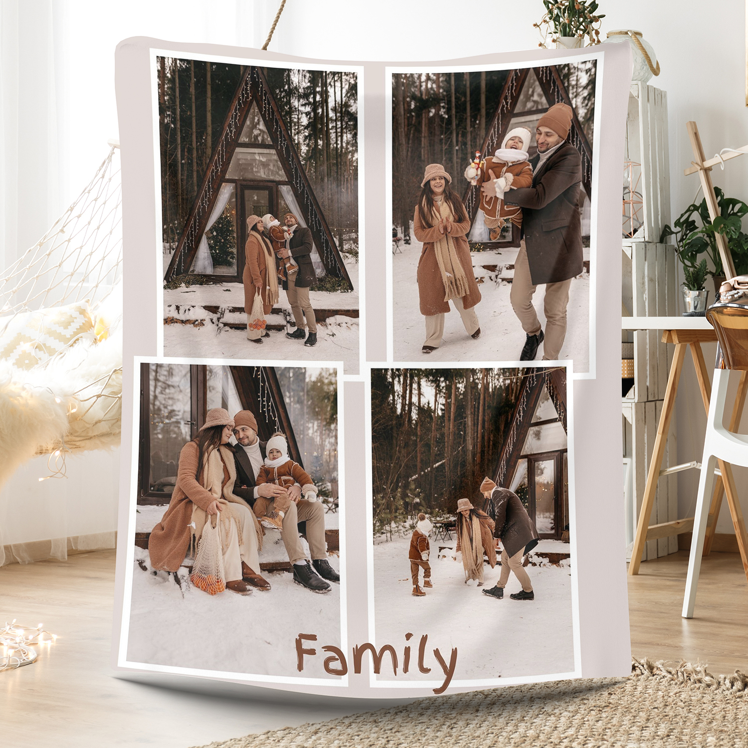 Custom 4 Photos Light Brown Fleece Blankets for Family