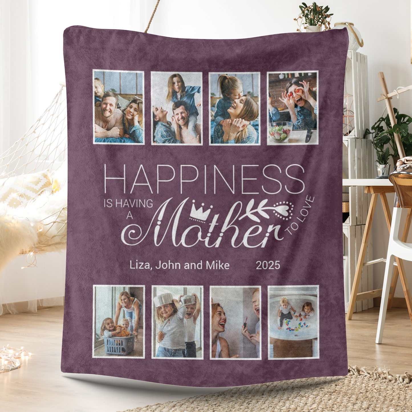 Happiness Personalized 8 Photos Fleece Blankets for Mom