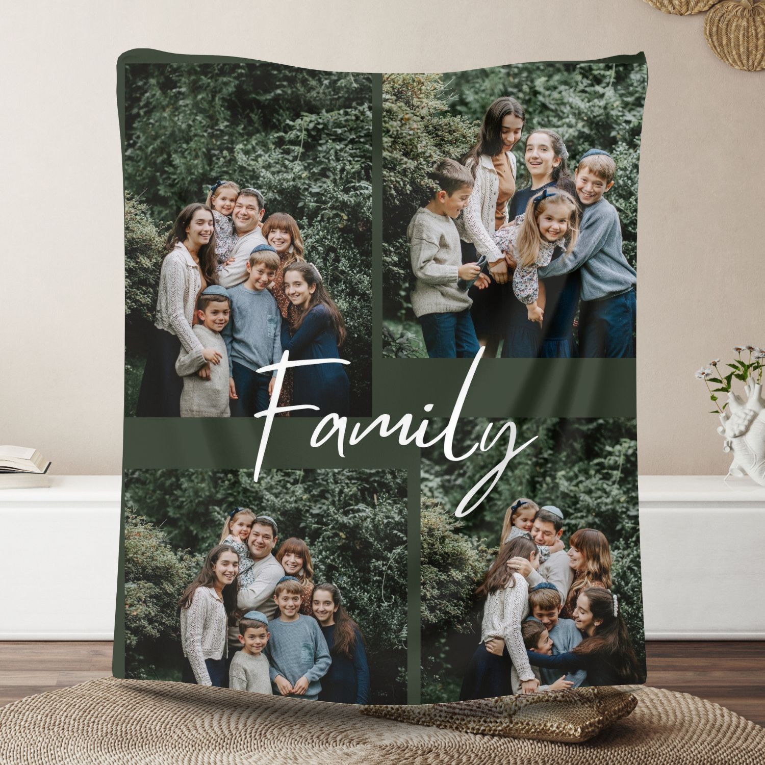 Custom 4 Photos Dark Green Natural Fleece Blankets for Family