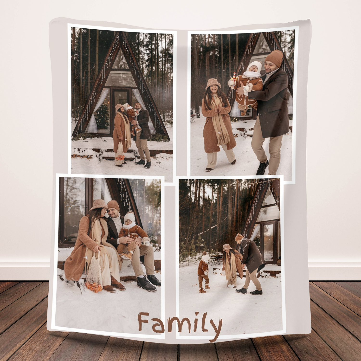 Custom 4 Photos Light Brown Fleece Blankets for Family