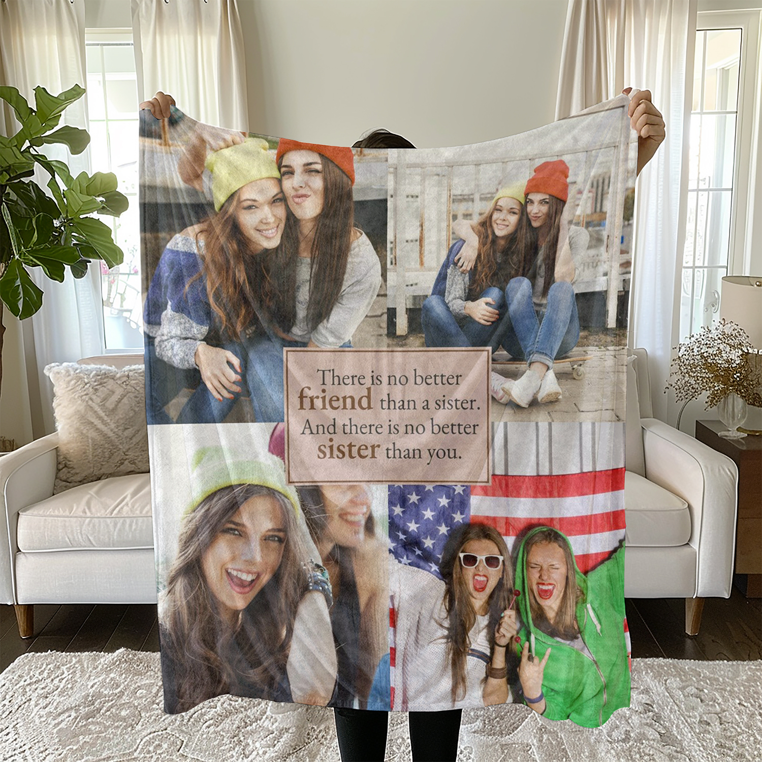 Custom 4 Photos Fleece Blankets for Sister