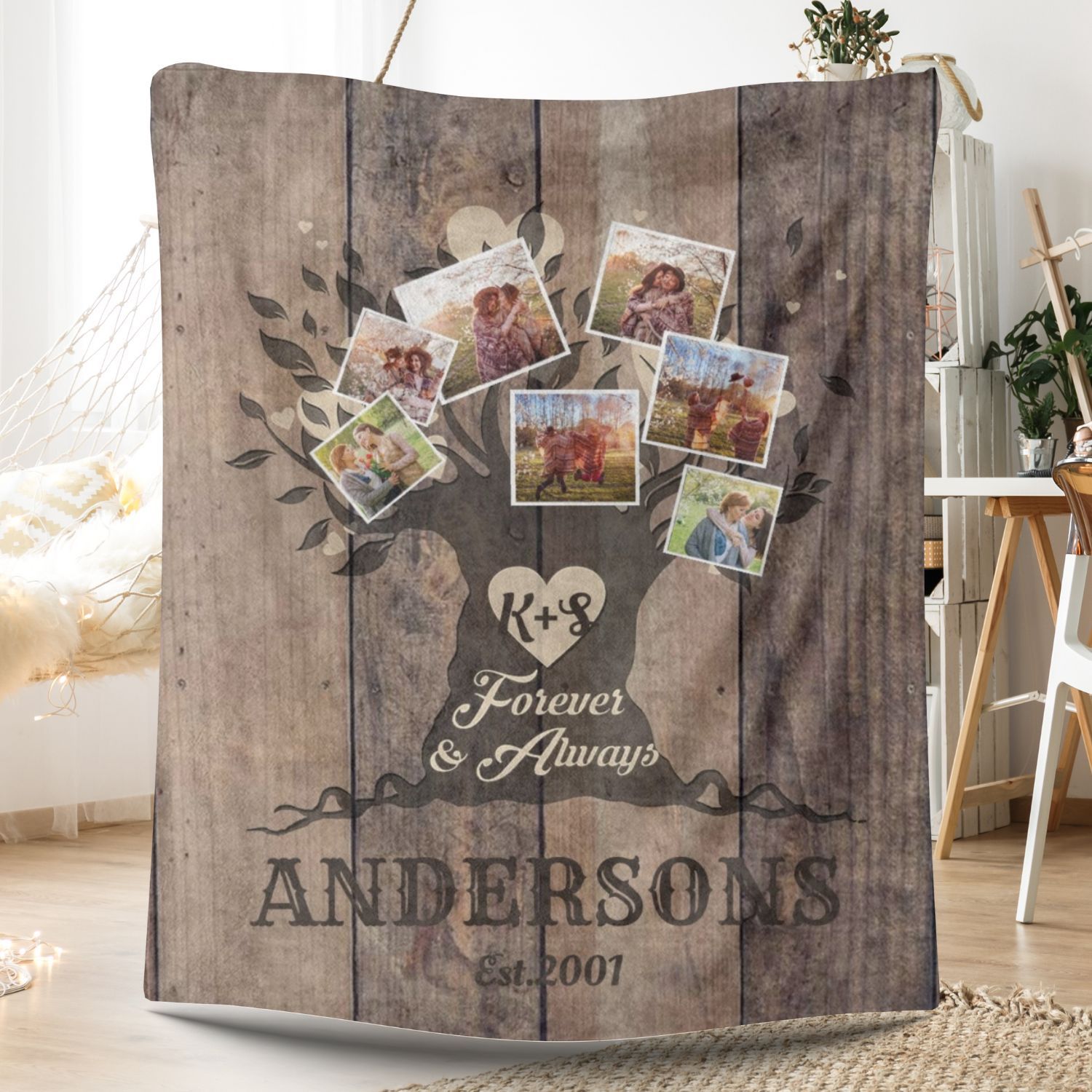 Wooden Family Tree 7 Photos Fleece Blankets