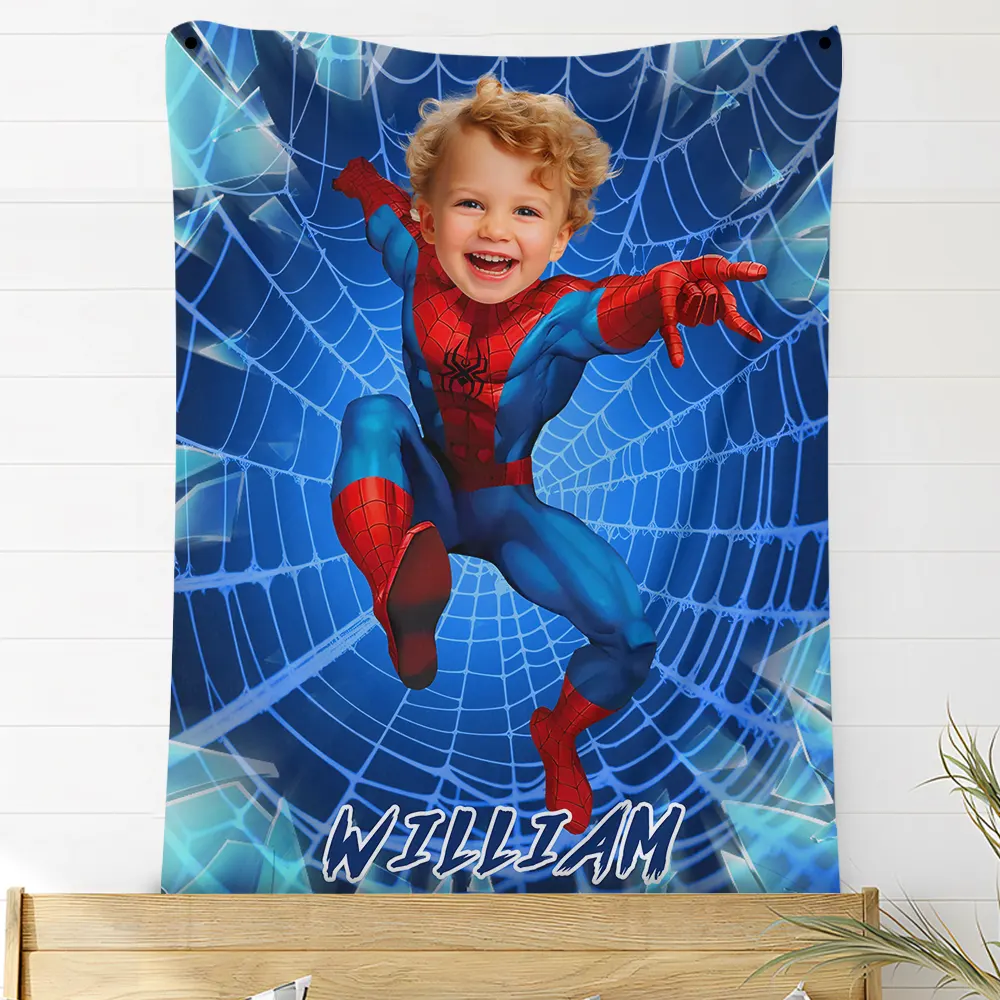Personalized Blue Superhero Photo Blanket