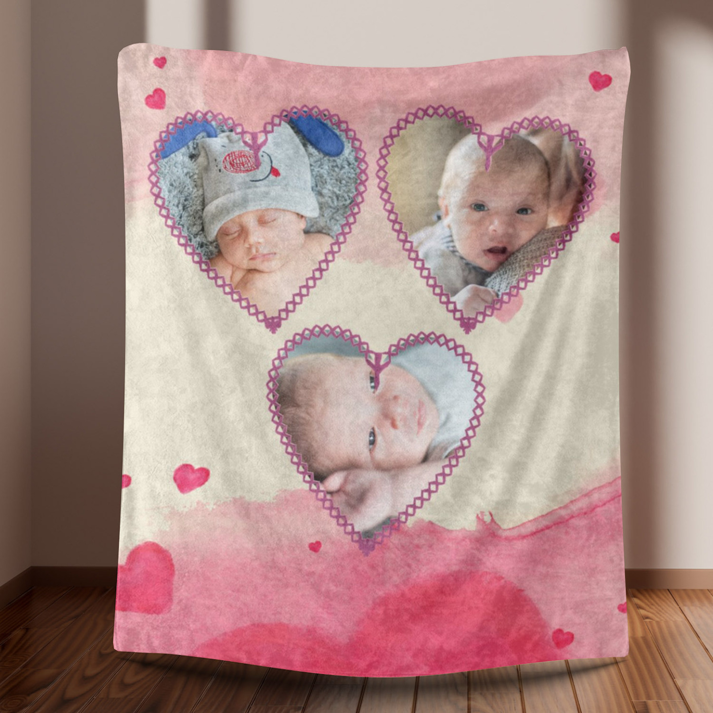 Pink Heart Custom Photos Fleece Blanket for Baby Kids
