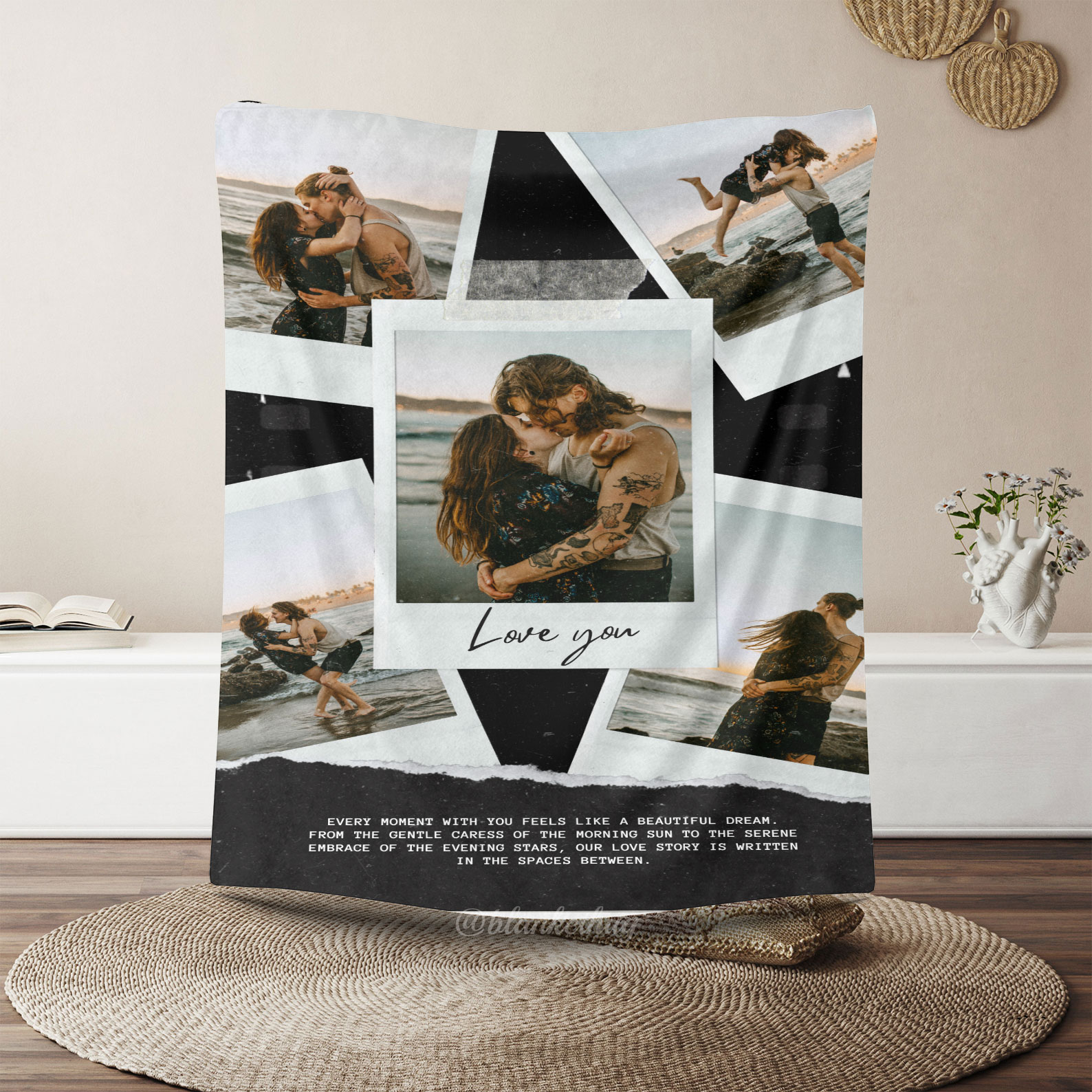 Black Vintage Photo Collage Custom 5 Photos Fleece Blanket