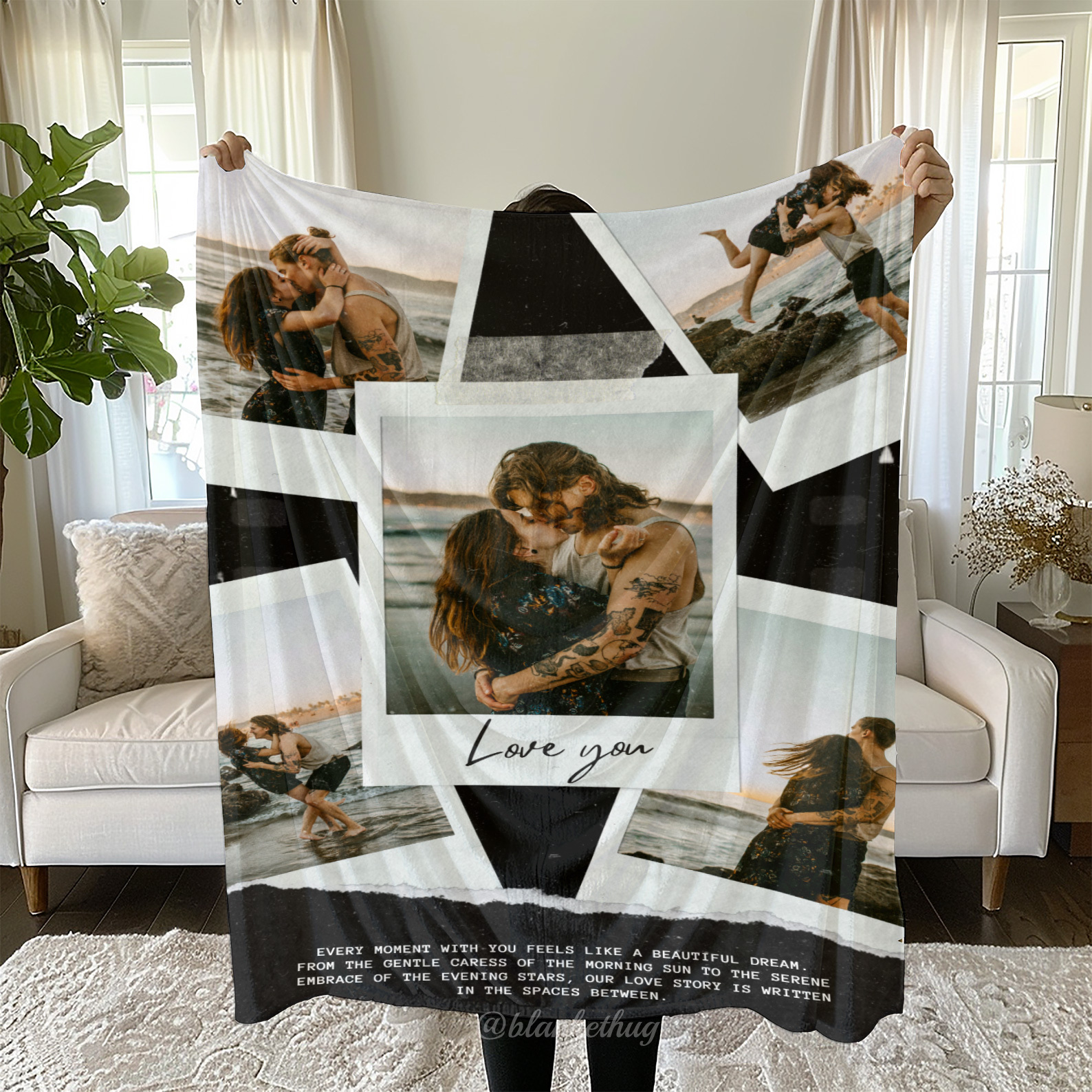 Black Vintage Photo Collage Custom 5 Photos Fleece Blanket
