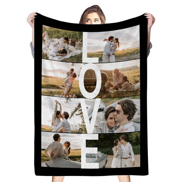 Custom Fleece Blanket with 8 Photos – LOVE Design, Perfect Gift for Family