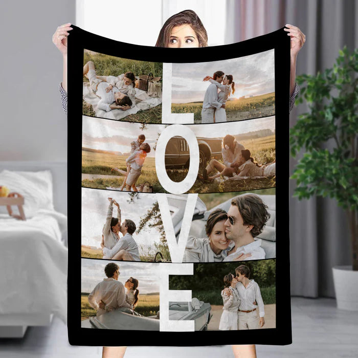 Custom Fleece Blanket with 8 Photos – LOVE Design, Perfect Gift for Family