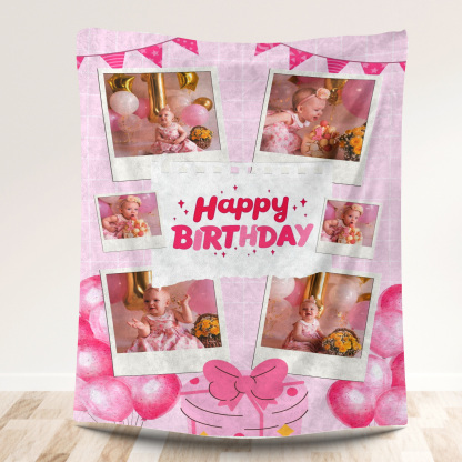 Pink Custom Birthday Photo Fleece Blanket for Kids Baby