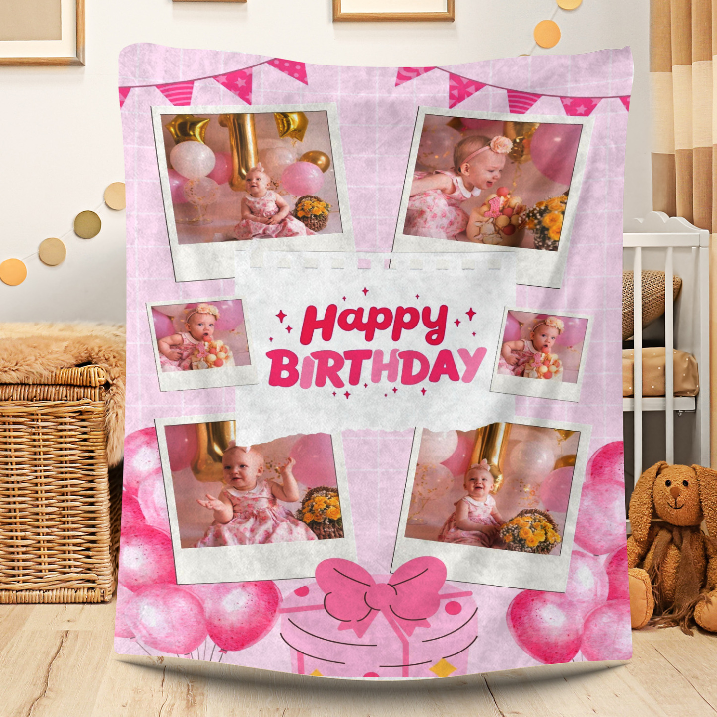 Pink Custom Birthday Photo Fleece Blanket for Kids Baby
