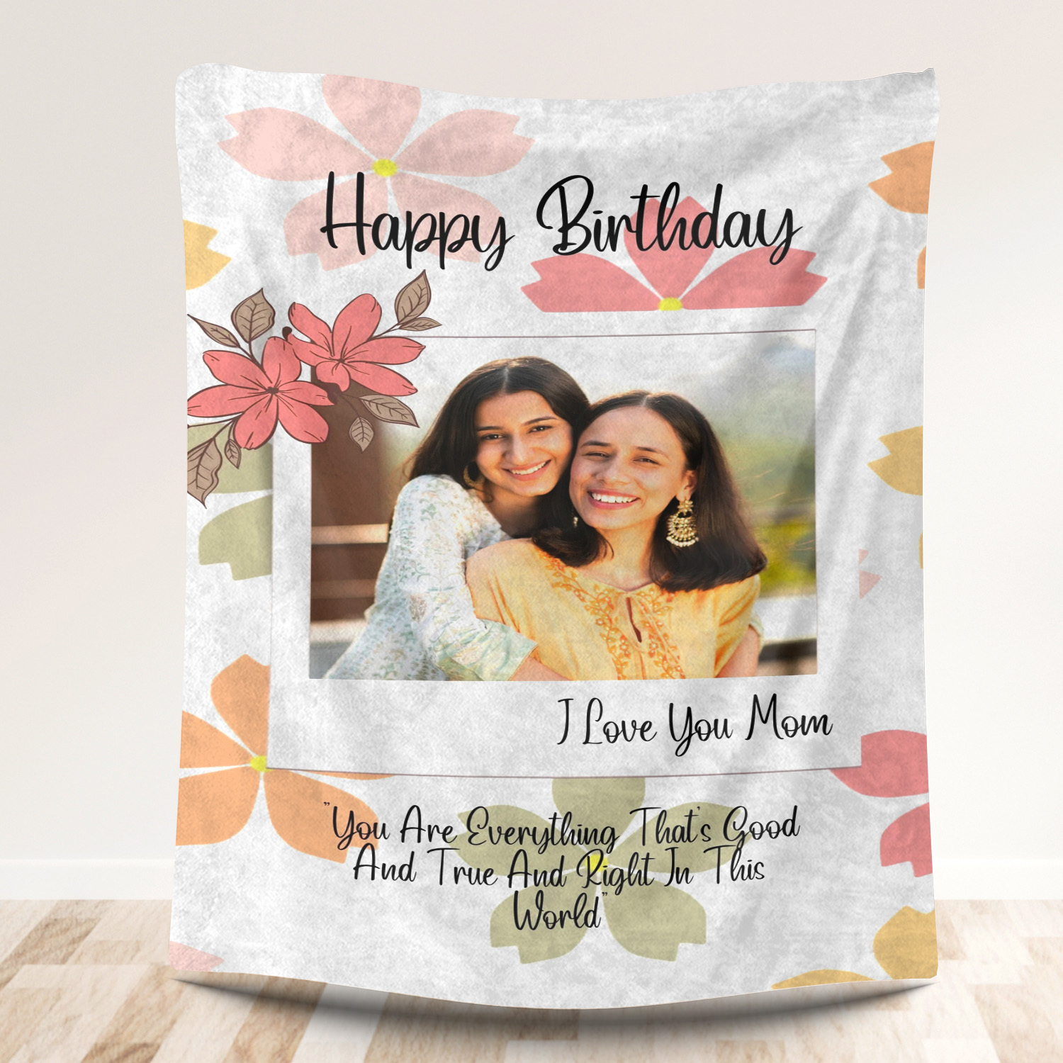Happy Birthday Mom- Custom Floral Photo Fleece Blanket