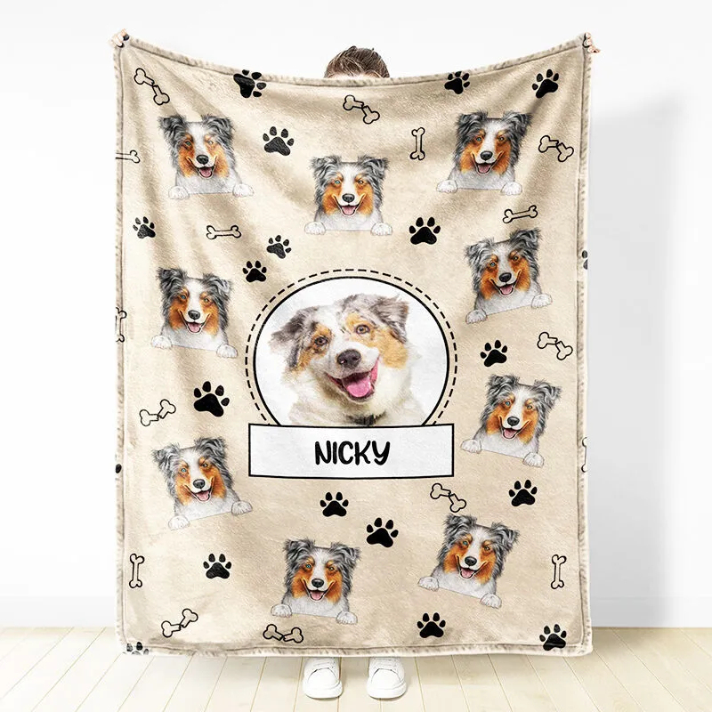 Personalized Picture Blanket with Bones And Footprints Pattern Cute Present for Pet Lover
