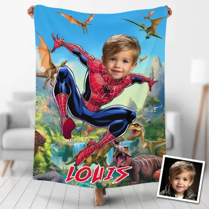 Personalized Dinosaur Superhero Photo Blanket
