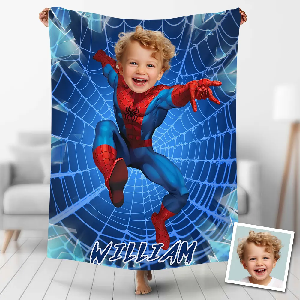 Personalized Blue Superhero Photo Blanket