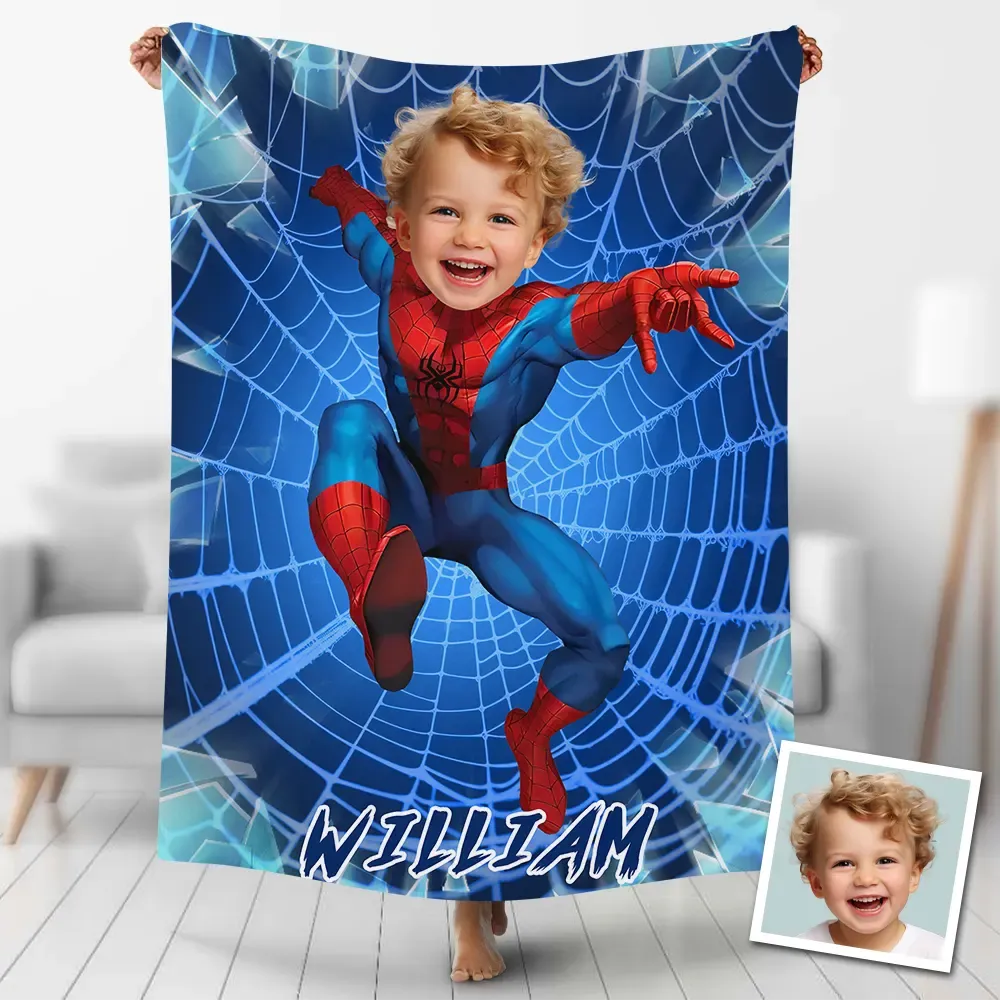 Personalized Blue Superhero Photo Blanket