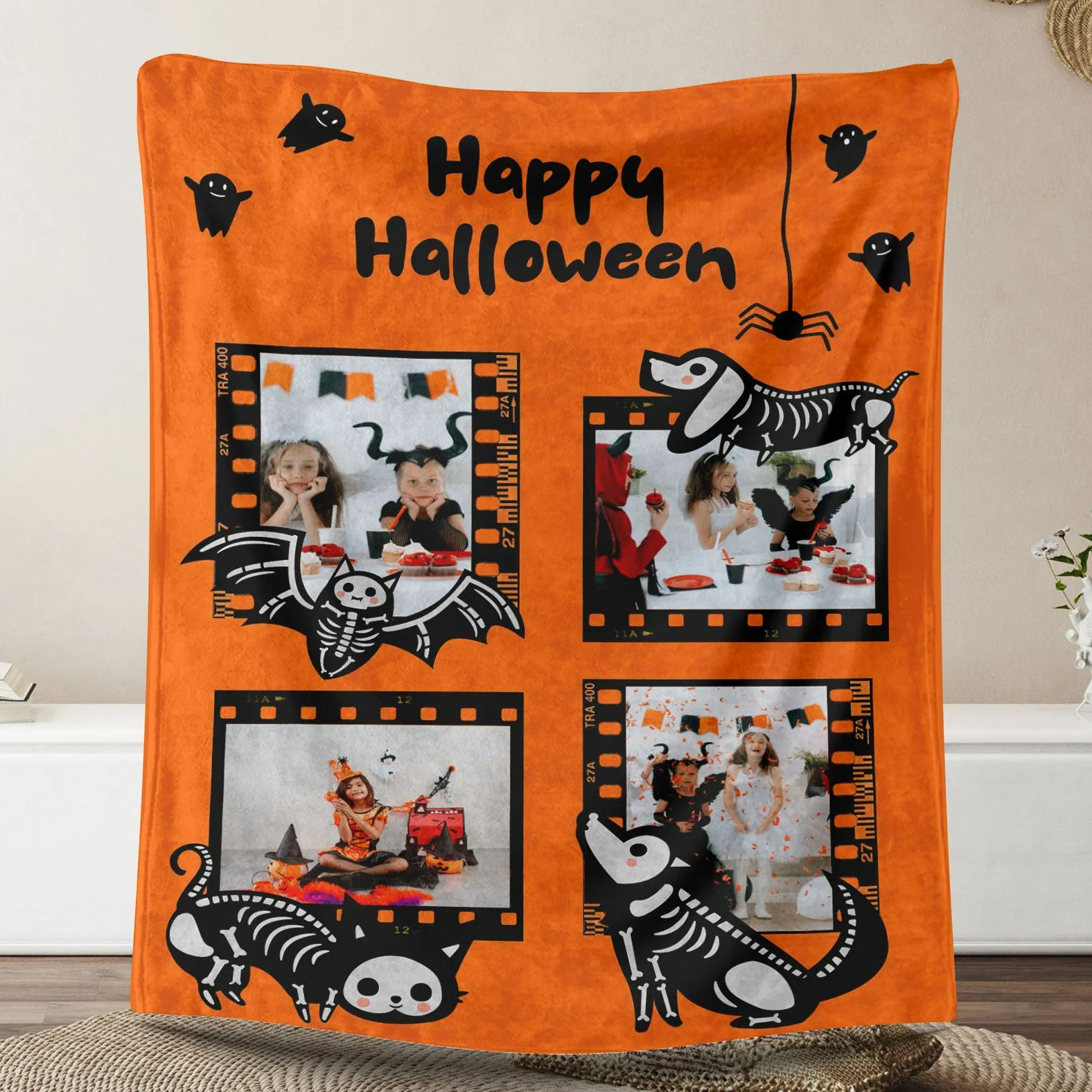 Happy Halloween Custom 4 Photos Fleece Blanket 
