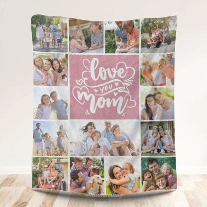 15 Photos Collage Love You Mom Pink Fleece Blanket