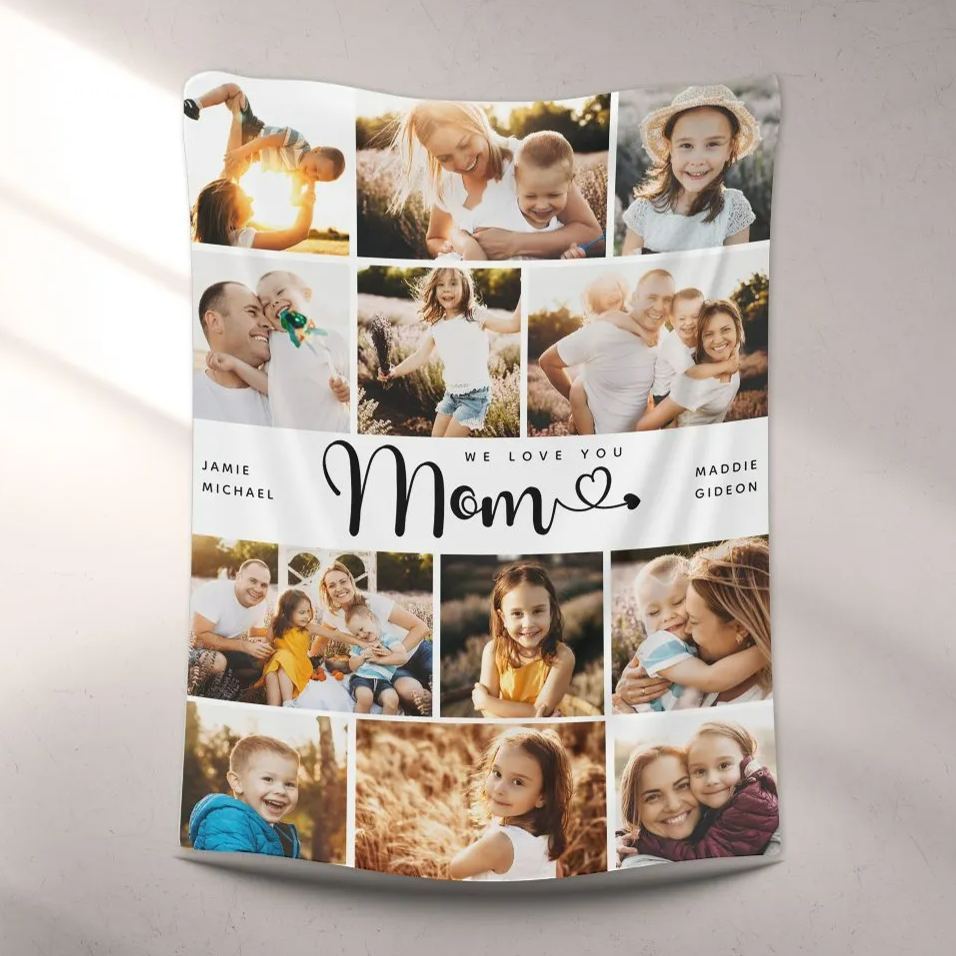 Mom We Love you Hearts Personalized 11 Photos Fleece Blanket