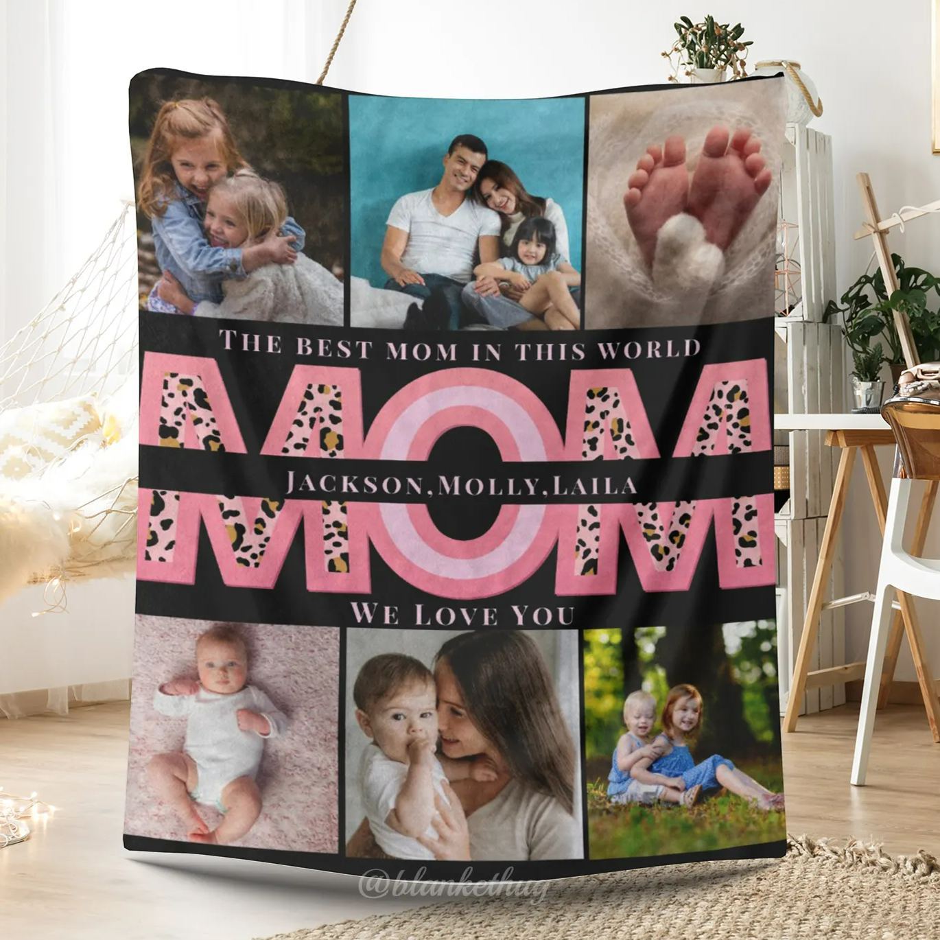 Pink We Love You Mom Personalized 6 Photos Fleece Blanket