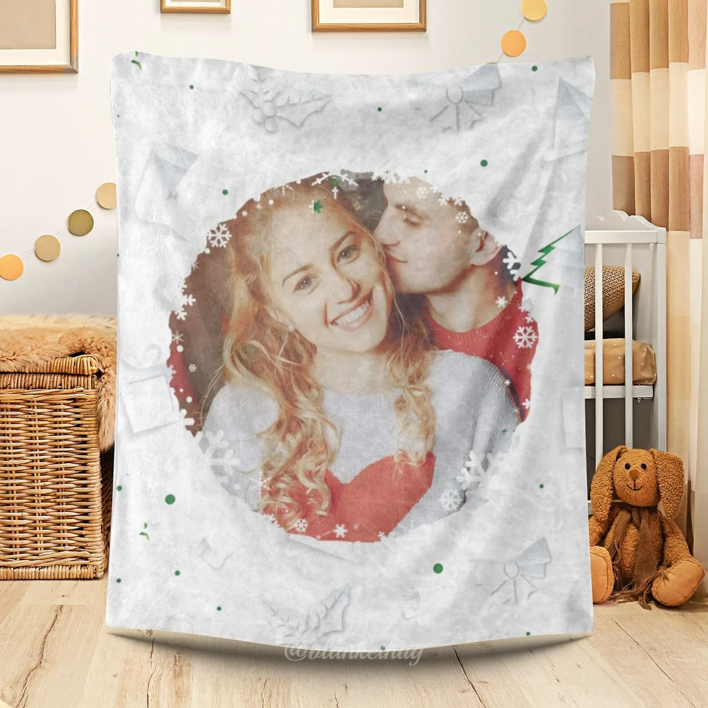 Personalized 1 Photo Christmas Snowflakes Blanket