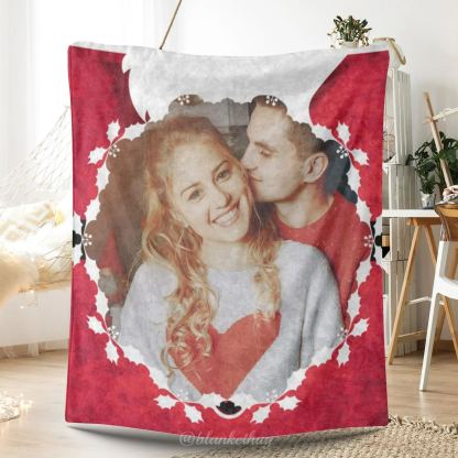 Personalized 1 Photo Christmas Red Blanket