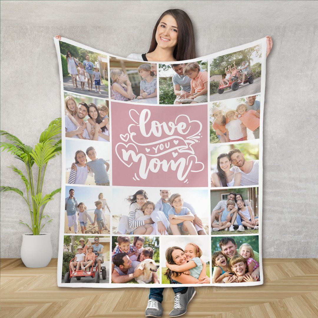 15 Photos Collage Love You Mom Pink Fleece Blanket