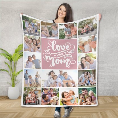 15 Photos Collage Love You Mom Pink Fleece Blanket