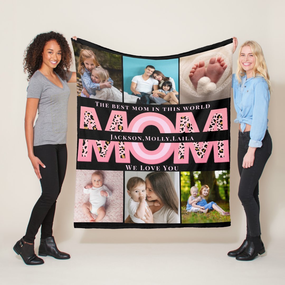 Pink We Love You Mom Personalized 6 Photos Fleece Blanket