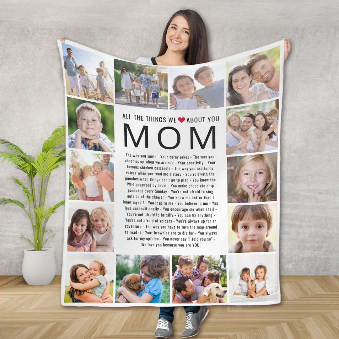All The Things We Love About You Mom Personalized 14 Photos Fleece Blanket