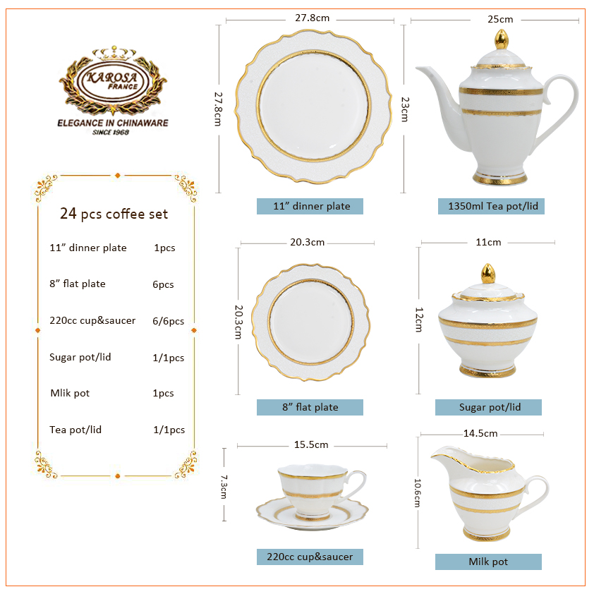 24pcs 230ml/7oz Luxury Bone China Ceramic Coffee Cup Set with Saucer and Milk Pot Tea Cup Gift Decorative Tea Cup for Cafe