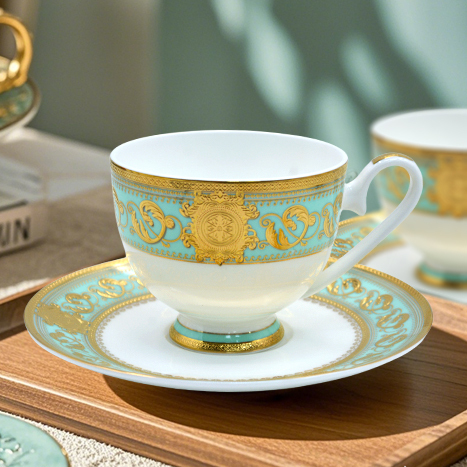 Top selling porcelain embossed gold trim coffee tea cup saucer set luxury with gift box