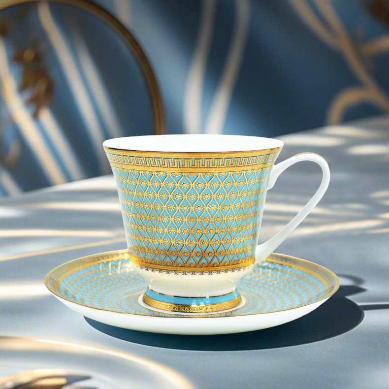 BoneChina 9.5 0z(280ml/cc )Coffee Tea Cups and Saucers Set for wedding TeaParty or Women Gift Golden Blue and White color 