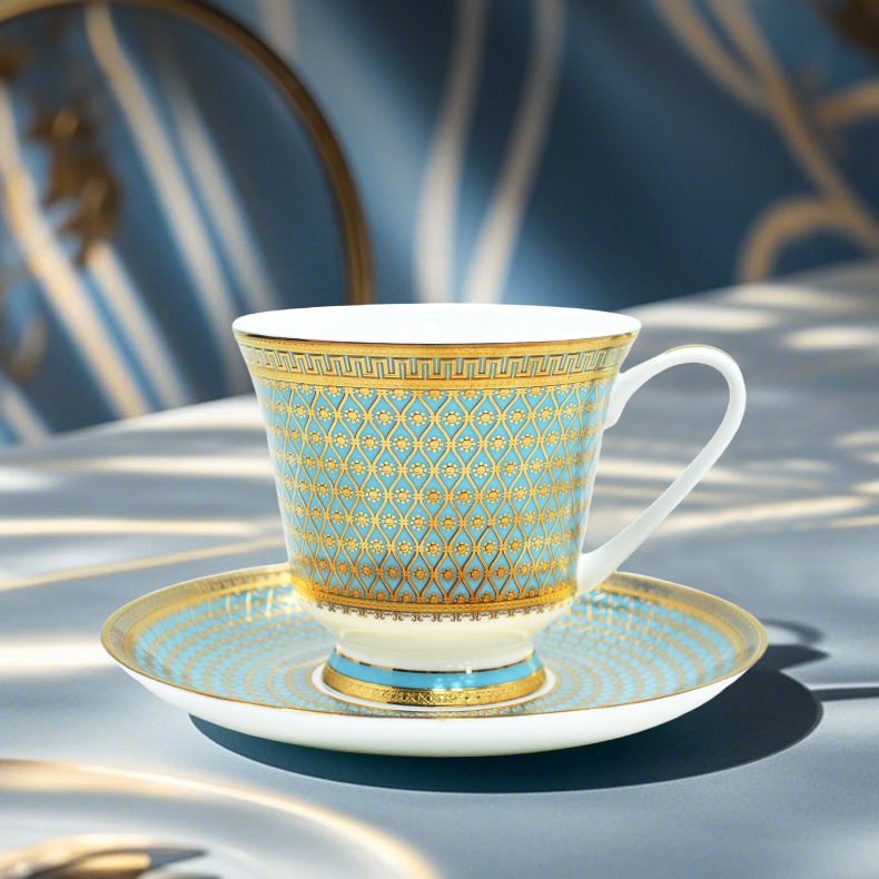 BoneChina 9.5 0z(280ml/cc )Coffee Tea Cups and Saucers Set for wedding TeaParty or Women Gift Golden Blue and White color 
