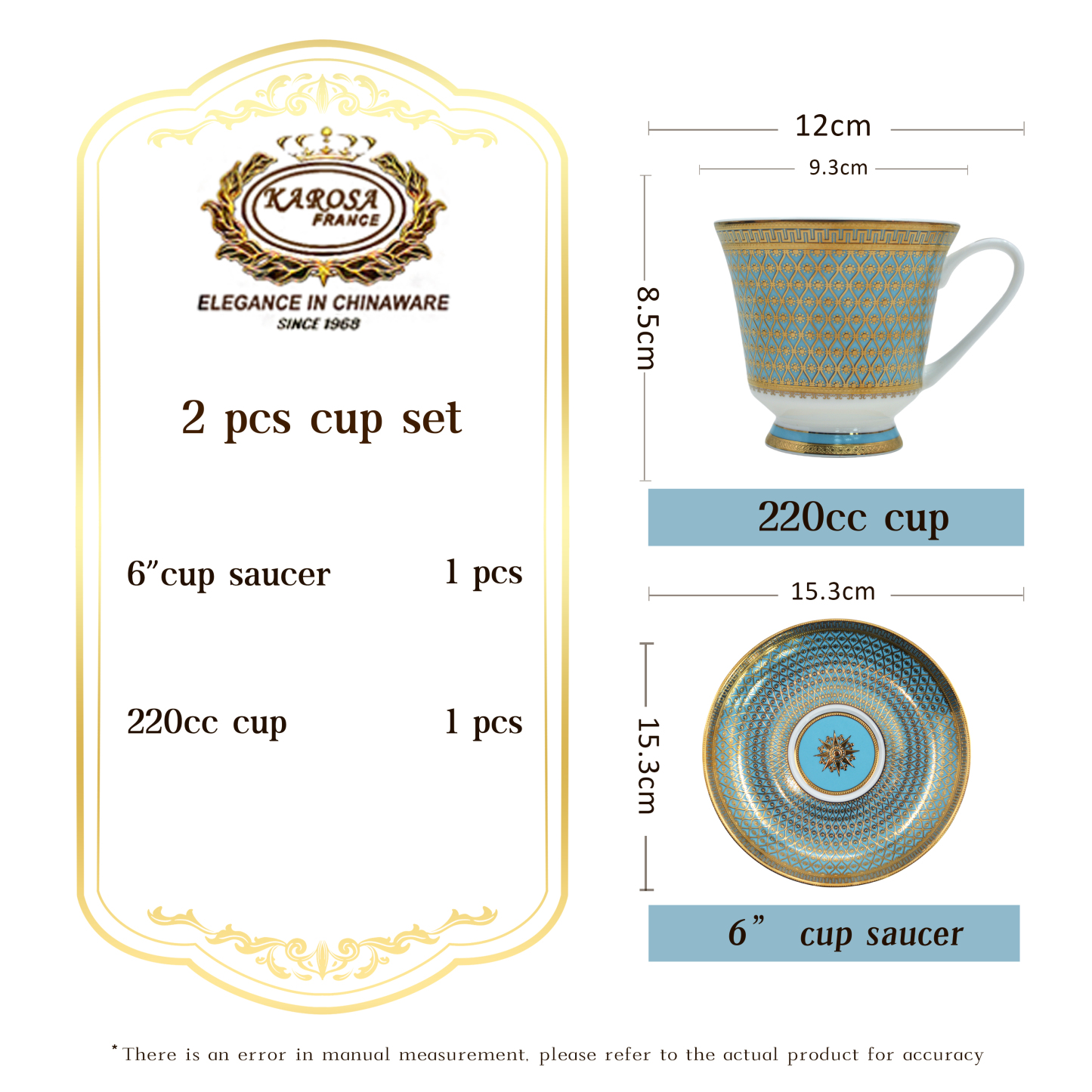 BoneChina 9.5 0z(280ml/cc )Coffee Tea Cups and Saucers Set for wedding TeaParty or Women Gift Golden Blue and White color 
