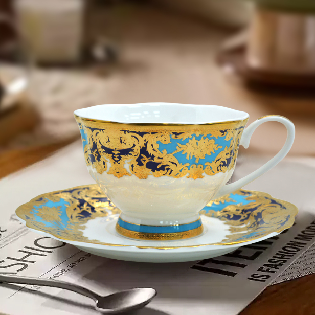 Turkish English porcelain bone china embossed durable gold trim coffee tea cup saucer set with luxury gift box