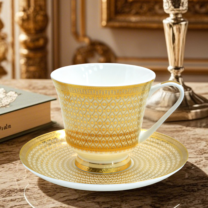 European Style Ceramic Coffee Cup Set,9.5 0z 280ml/cc Bone China Exquisitely Gold Afternoon tea Set for Women's TeaParty,Gift for Parents and Loved Ones