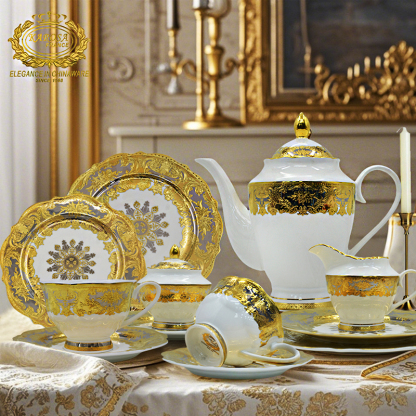 Luxury 24pcs Designer Royal Porcelain bone china Ceramic factory Luxury Gold decoration 200ml coffee tea cup  Set for 6 person 