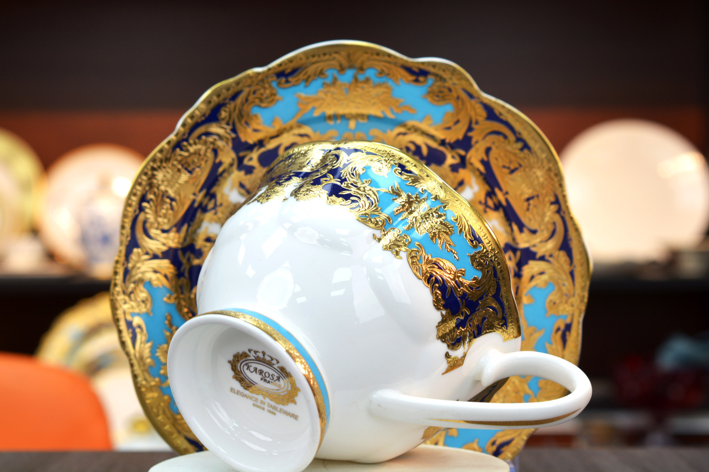 Turkish English porcelain bone china embossed durable gold trim coffee tea cup saucer set with luxury gift box