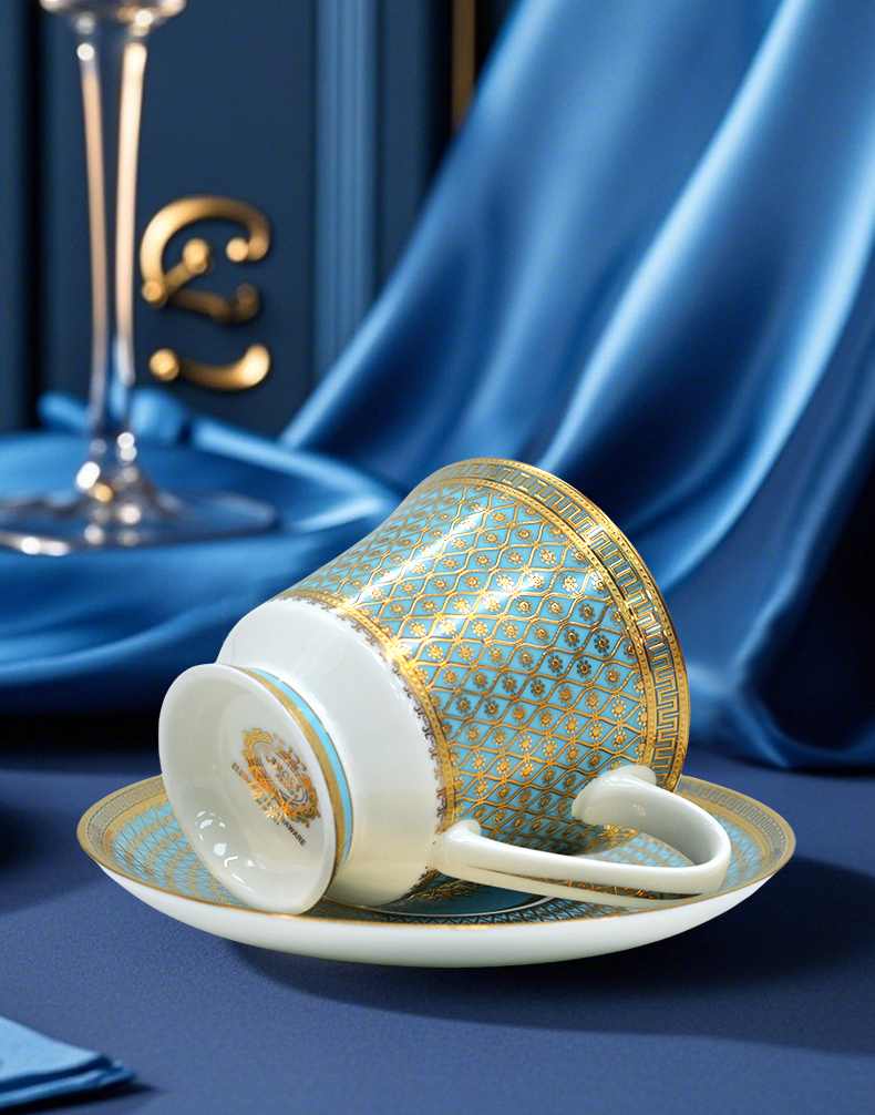 BoneChina 9.5 0z(280ml/cc )Coffee Tea Cups and Saucers Set for wedding TeaParty or Women Gift Golden Blue and White color 