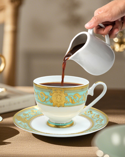 Top selling porcelain embossed gold trim coffee tea cup saucer set luxury with gift box