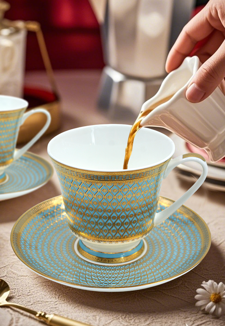 BoneChina 9.5 0z(280ml/cc )Coffee Tea Cups and Saucers Set for wedding TeaParty or Women Gift Golden Blue and White color 