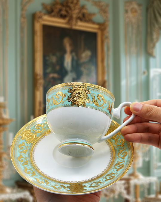 Top selling porcelain embossed gold trim coffee tea cup saucer set luxury with gift box
