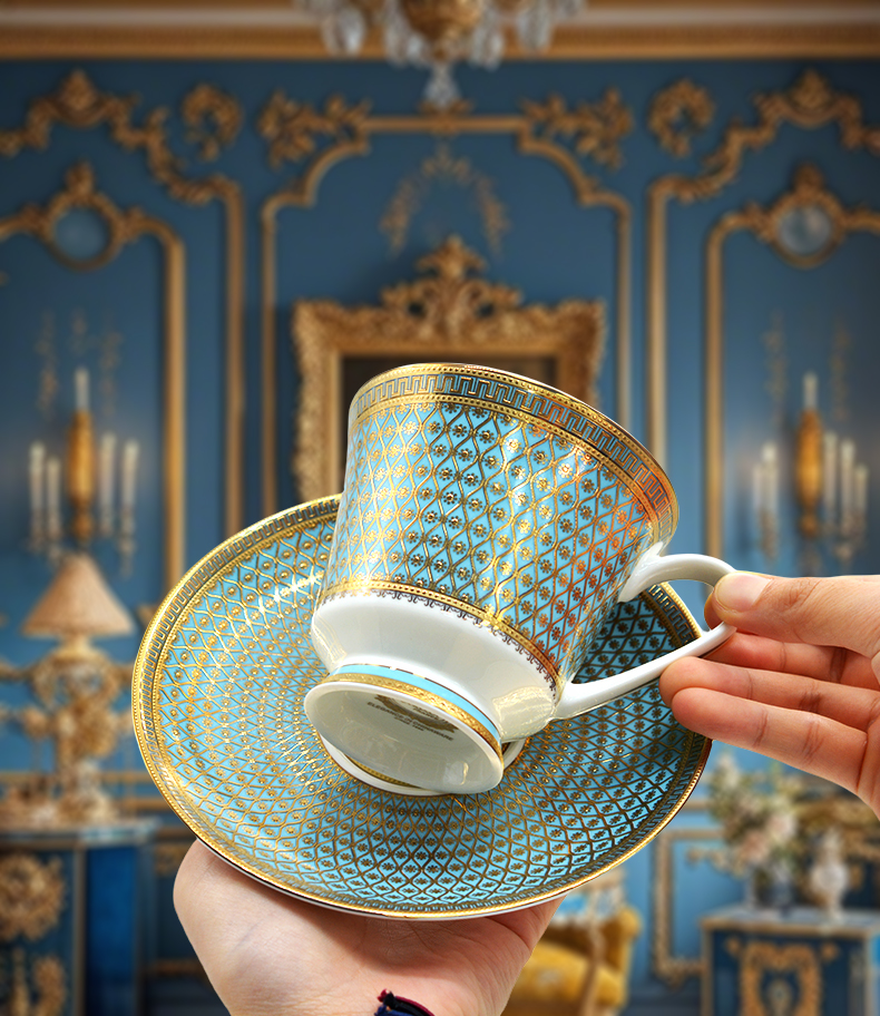 BoneChina 9.5 0z(280ml/cc )Coffee Tea Cups and Saucers Set for wedding TeaParty or Women Gift Golden Blue and White color 