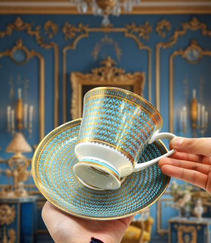 BoneChina 9.5 0z(280ml/cc )Coffee Tea Cups and Saucers Set for wedding TeaParty or Women Gift Golden Blue and White color 