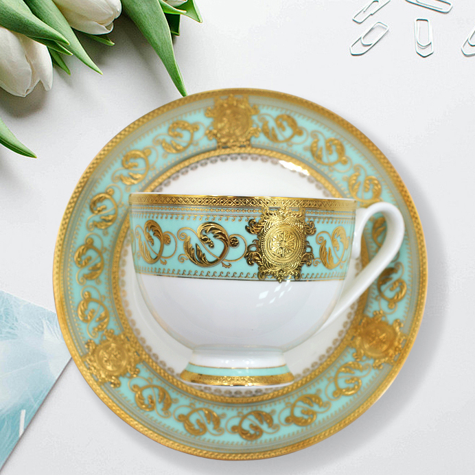 Top selling porcelain embossed gold trim coffee tea cup saucer set luxury with gift box