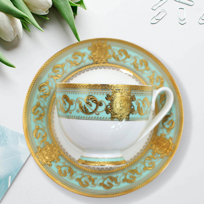 Top selling porcelain embossed gold trim coffee tea cup saucer set luxury with gift box