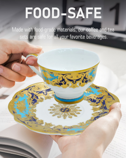 Turkish English porcelain bone china embossed durable gold trim coffee tea cup saucer set with luxury gift box